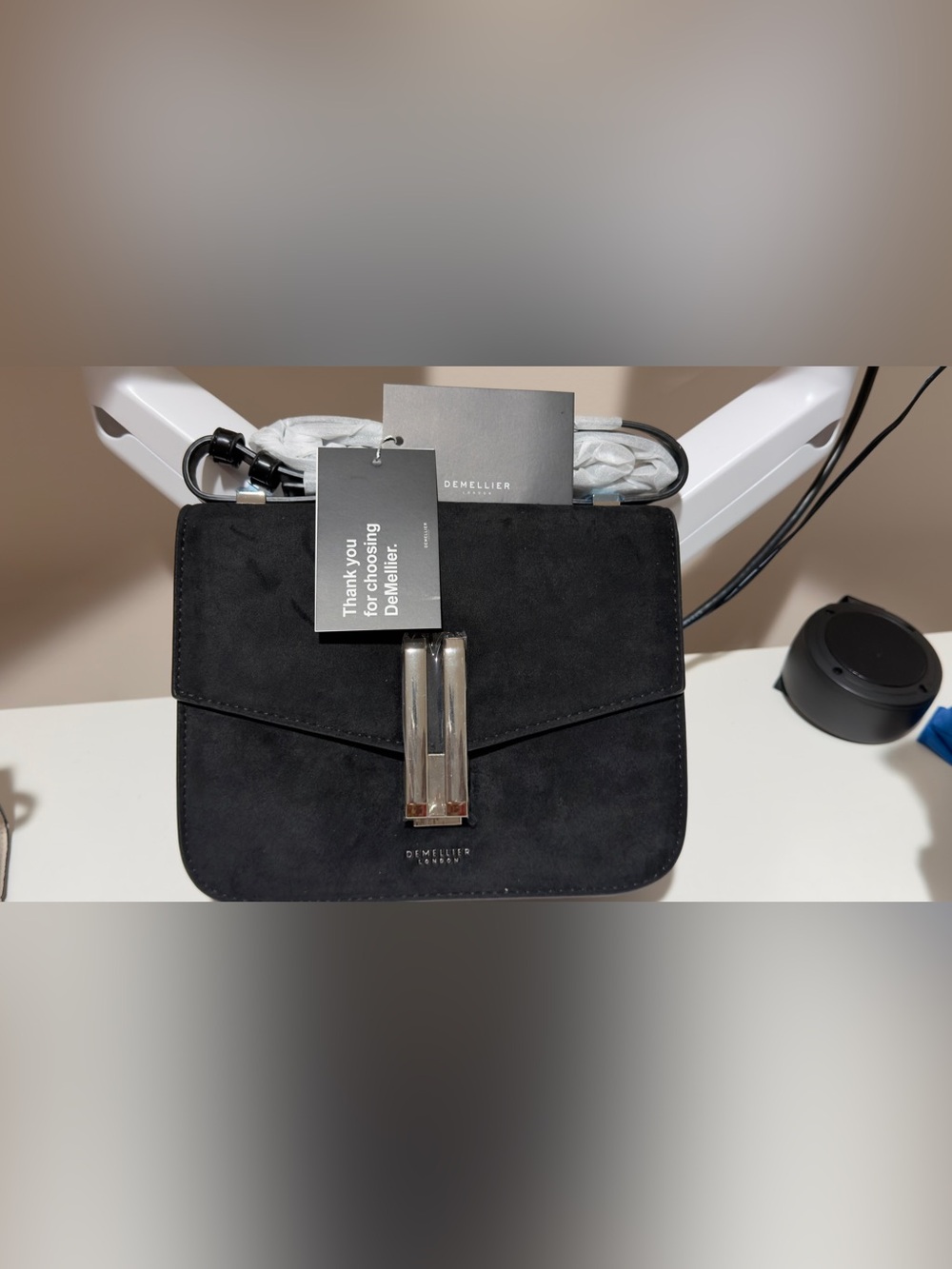 DeMellier Black Suede Key & Card Holder with Silver Hardware